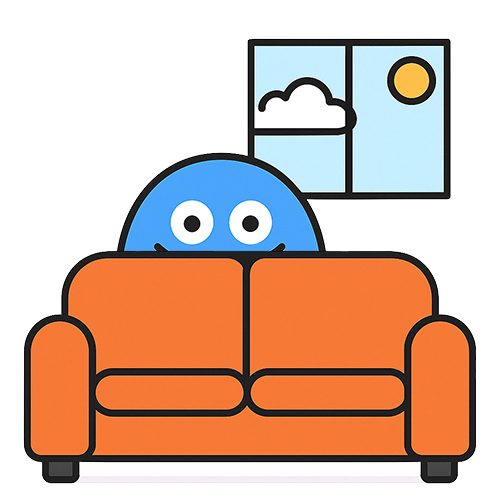 DocsMonster smiling while hiding behind a sofa. A sunny day is visible in a window behind him